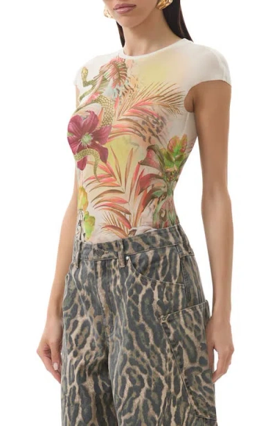 Afrm Nina Print Cap Sleeve Mesh Top In Multi
