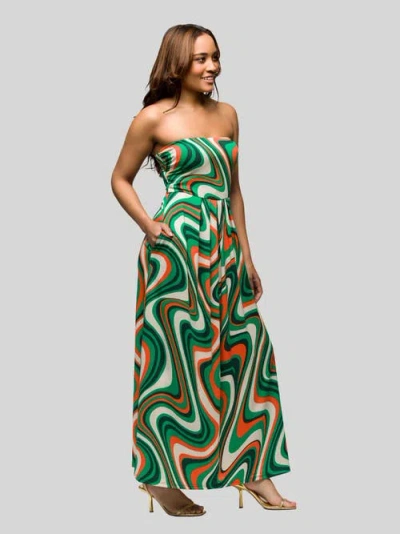 24seven Comfort Apparel Maternity Green Print A-line Strapless Maxi Dress With Pockets In Green