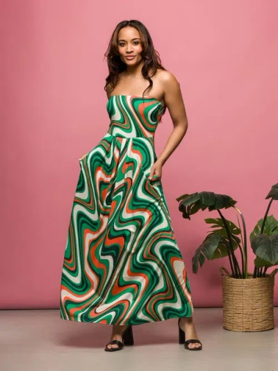24seven Comfort Apparel Maternity Green Print A-line Strapless Maxi Dress With Pockets In Green