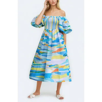 Jessie Zhao New York Landscape Smocked Cotton Silk Dress In Multi