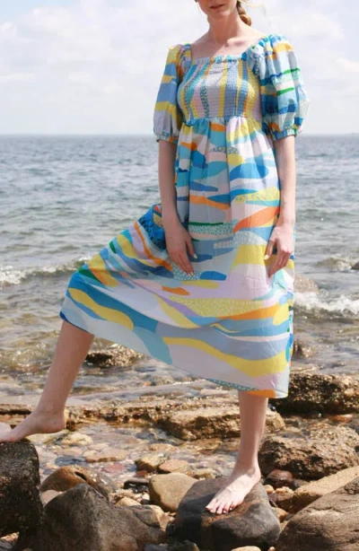 Jessie Zhao New York Landscape Smocked Cotton Silk Dress In Multi