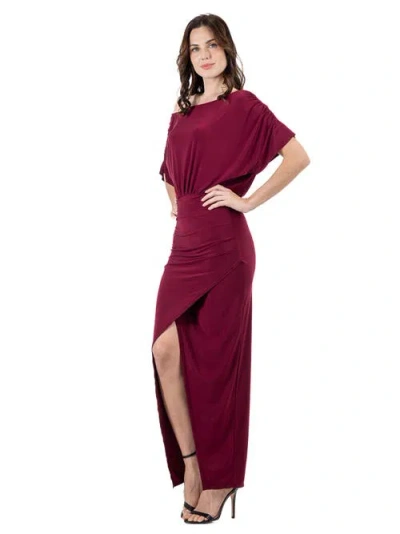 24seven Comfort Apparel Boat Neck Batwing Sleeve Slit Maxi Dress In Burgundy