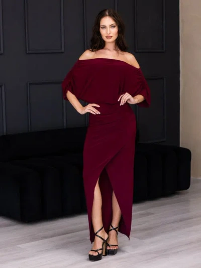 24seven Comfort Apparel Boat Neck Batwing Sleeve Slit Maxi Dress In Burgundy