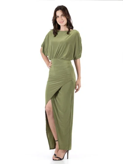 24seven Comfort Apparel Boat Neck Batwing Sleeve Slit Maxi Dress In Green
