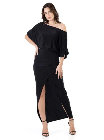 24seven Comfort Apparel Boat Neck Batwing Sleeve Slit Maxi Dress In Black