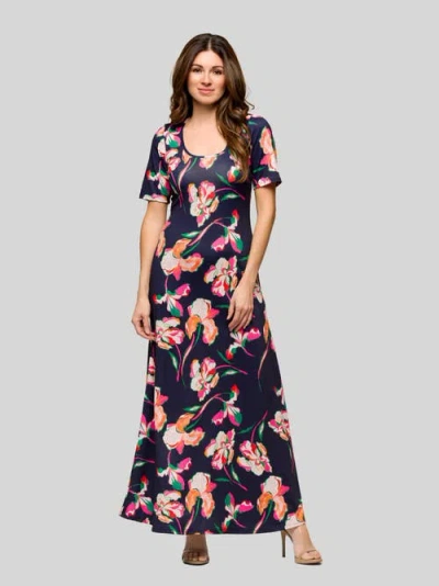 24seven Comfort Apparel Maternity Navy Floral Print Elbow Sleeve Casual A-line Maxi Dress In Black