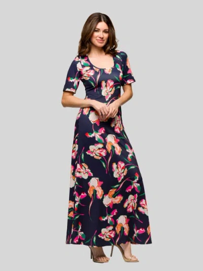 24seven Comfort Apparel Maternity Navy Floral Print Elbow Sleeve Casual A-line Maxi Dress In Black