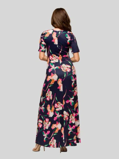 24seven Comfort Apparel Maternity Navy Floral Print Elbow Sleeve Casual A-line Maxi Dress In Black
