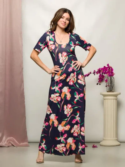 24seven Comfort Apparel Maternity Navy Floral Print Elbow Sleeve Casual A-line Maxi Dress In Black
