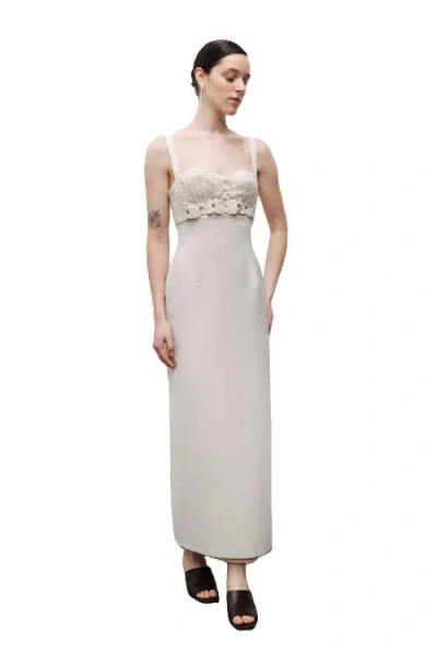 Nocturne Linen Brode Detailed Sweetheart Maxi Dress In Neutral