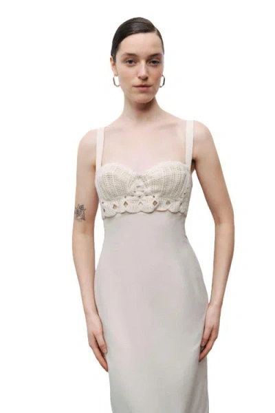 Nocturne Linen Brode Detailed Sweetheart Maxi Dress In Neutral