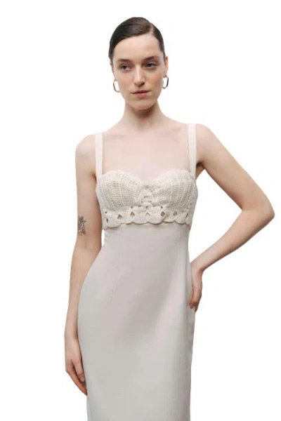 Nocturne Linen Brode Detailed Sweetheart Maxi Dress In Neutral
