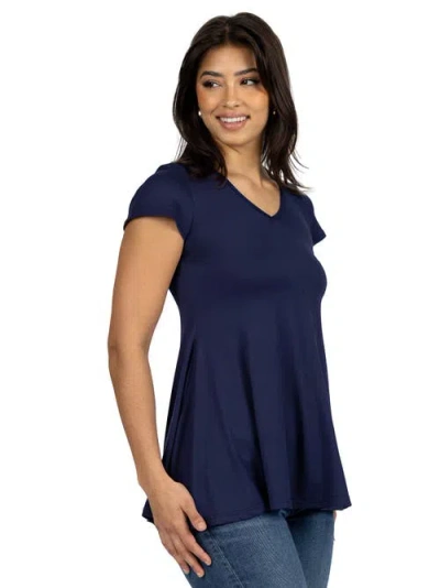 24seven Comfort Apparel Short Sleeve Loose Fit Tunic Top With V-neck In Blue