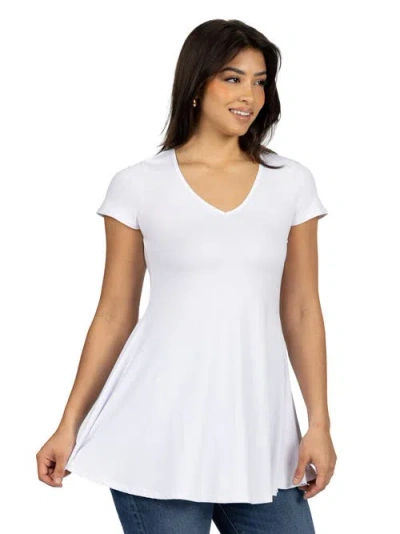 24seven Comfort Apparel Short Sleeve Loose Fit Tunic Top With V-neck In White