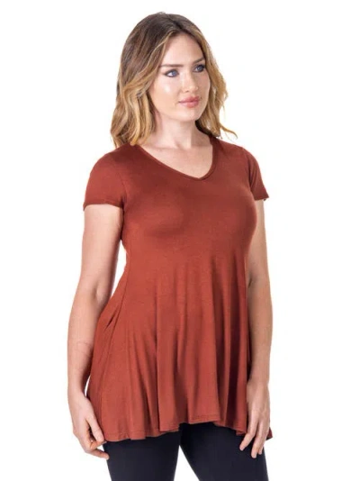 24seven Comfort Apparel Short Sleeve Loose Fit Tunic Top With V-neck In Brown