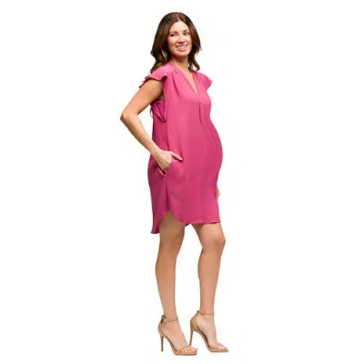 24seven Comfort Apparel Maternity V-neck Cap Sleeve Knee Length Pocket Dress In Pink