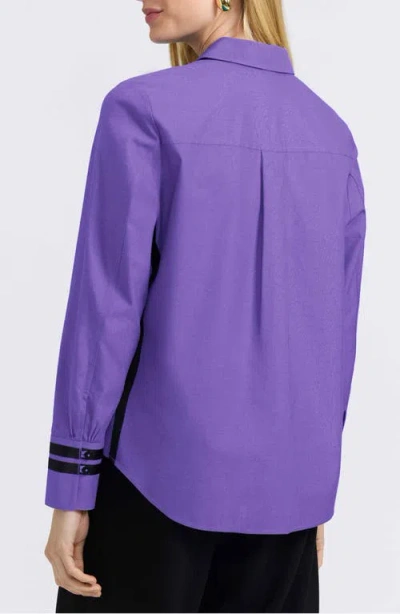 Foxcroft Brooke Grosgrain Trim Cotton Button-up Shirt In Blue