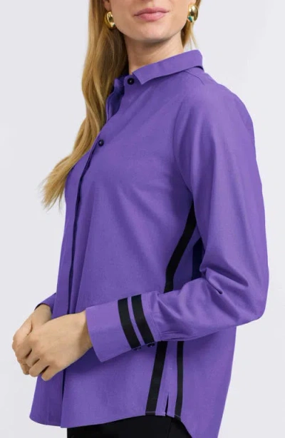 Foxcroft Brooke Grosgrain Trim Cotton Button-up Shirt In Blue