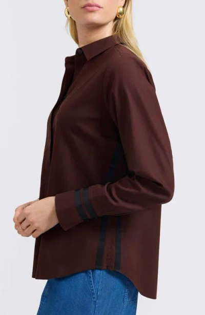 Foxcroft Brooke Grosgrain Trim Cotton Button-up Shirt In Burgundy