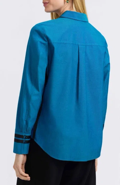 Foxcroft Brooke Grosgrain Trim Cotton Button-up Shirt In Blue