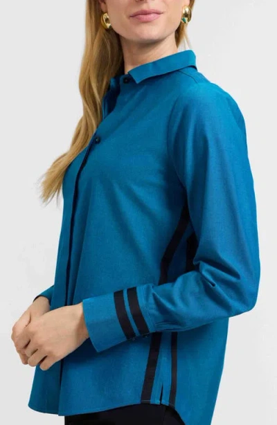 Foxcroft Brooke Grosgrain Trim Cotton Button-up Shirt In Blue