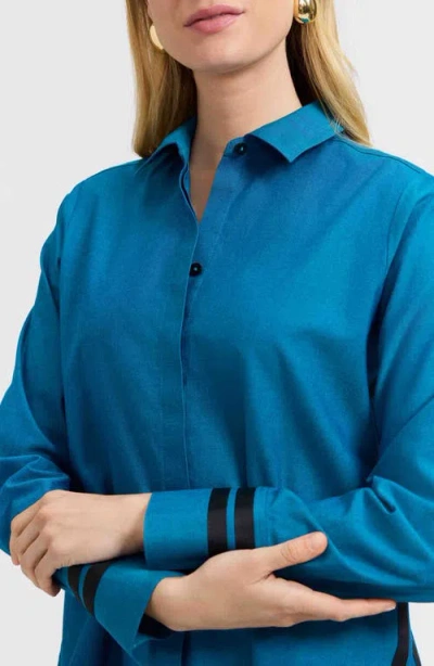 Foxcroft Brooke Grosgrain Trim Cotton Button-up Shirt In Blue