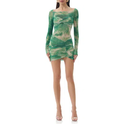 Afrm Ramsey Snakeskin Print Long Sleeve Minidress In Green