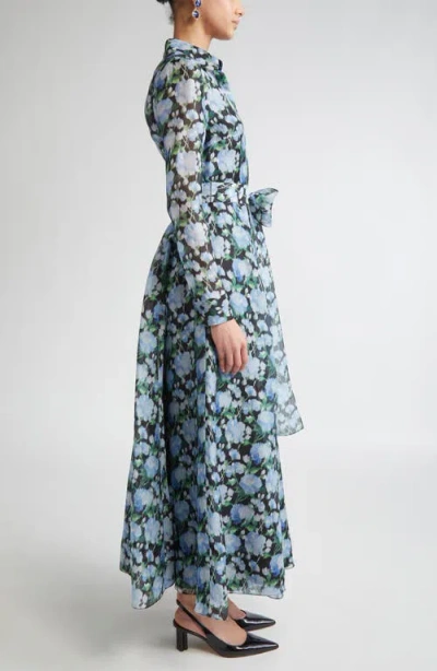 Carolina Herrera Belted Floral-print Silk-organza Midi Shirt Dress In Blue