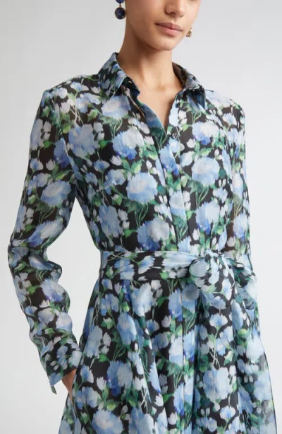 Carolina Herrera Belted Floral-print Silk-organza Midi Shirt Dress In Blue