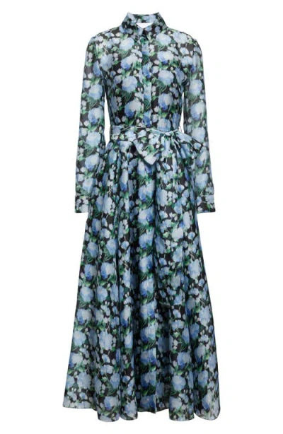 Carolina Herrera Belted Floral-print Silk-organza Midi Shirt Dress In Blue