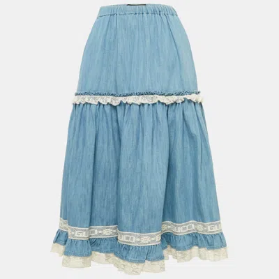 Pre-owned Gucci Blue Lace Trim Chambray Tiered Midi Skirt S