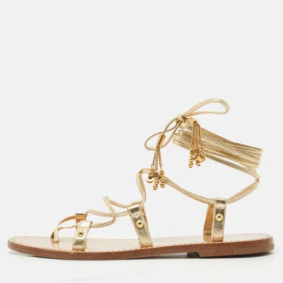 Pre-owned Celine Gold Leather Studded Ankle Wrap Flat Sandals Size 37
