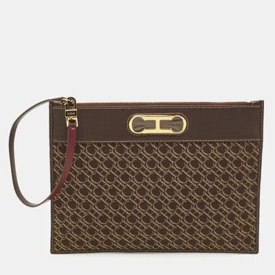 Pre-owned Ch Carolina Herrera Brown Monogram Canvas And Leather Zip Pouch