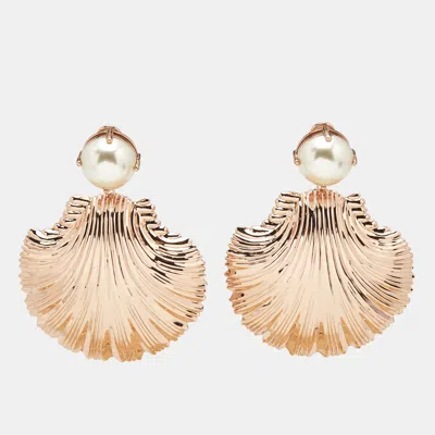 Pre-owned Miu Miu Shell Faux Pearl Rose Gold Tone Earrings