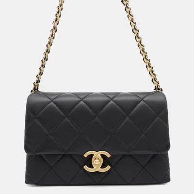 Pre-owned Chanel Matelasse Small Flap Bag Chain Belt Bag Black Calf Leather