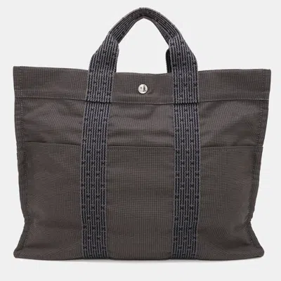 Pre-owned Hermes Her Line Mm Gray Nylon Canvas Tote In Black