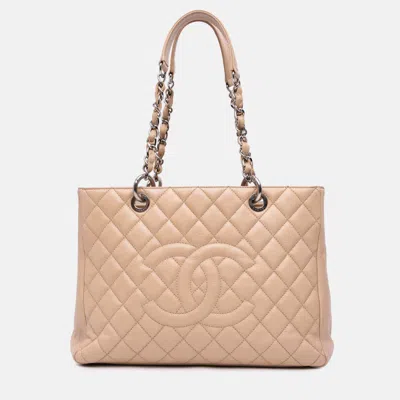 Pre-owned Chanel Beige Caviar Grand Shopping Tote In Sand