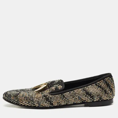 Pre-owned Giuseppe Zanotti Black Suede Crystal Embellished Shark Tooth Smoking Slippers Size 38.5