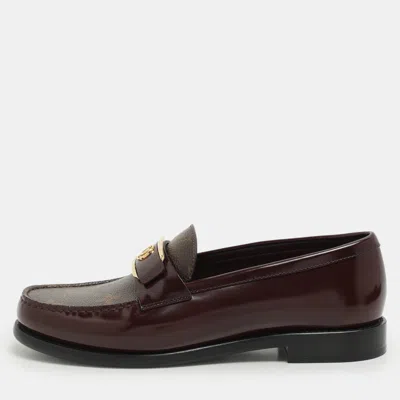 Pre-owned Louis Vuitton Burgundy Leather And Monogram Canvas Academy Loafers Size 38