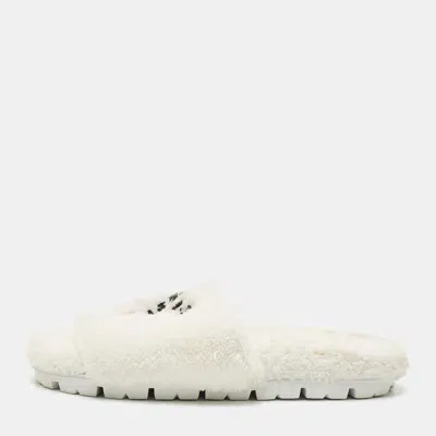 Pre-owned Prada White Shearling Terry Flat Slides Size 39