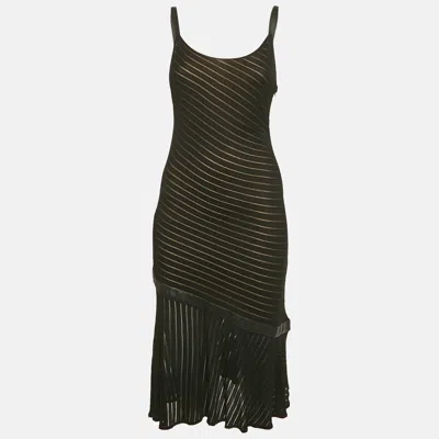 Pre-owned Versace Couture Black Pattered Knit Leather Trim Short Dress M