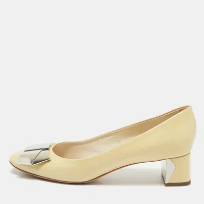 Pre-owned Louis Vuitton Cream Patent Leather Bow Block Heel Pumps Size 40