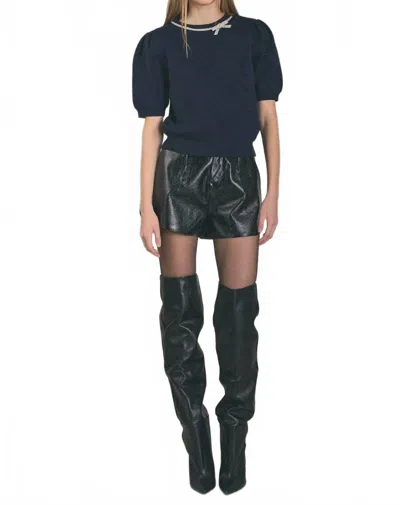 English Factory Puff Sleeve Rhinestone Bow Knit Top In Navy In Blue