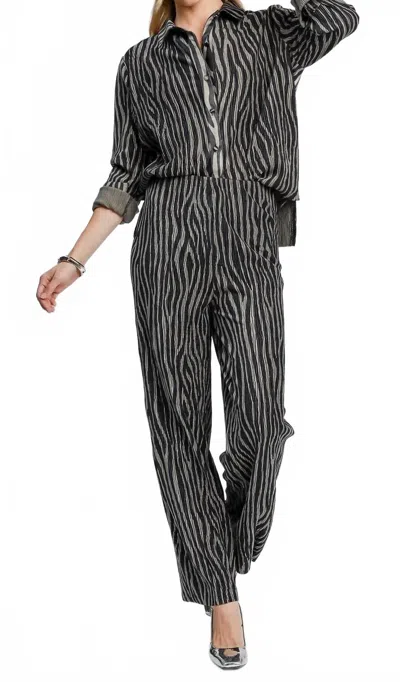 Umgee Pleated Zebra Print Velvet Pants Set In Gray