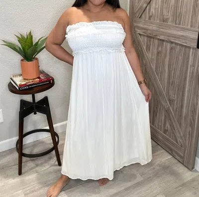 Ces Femme Strapless Smocked Top Midi Dress In Off White In White