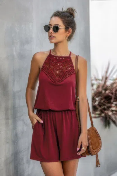Fashnzfab Solid Halter Lace Sleeveless Patchwork Romper