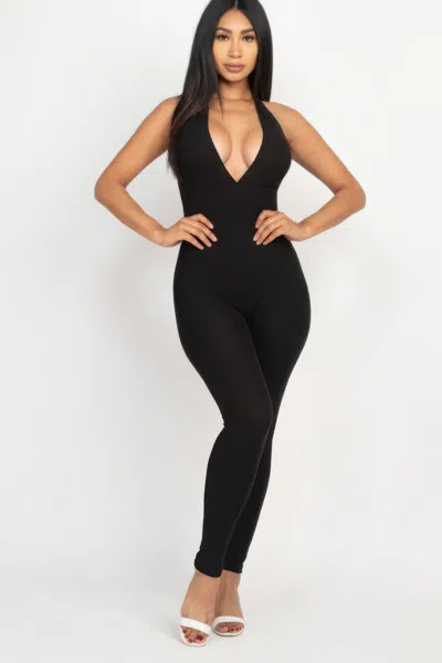 Fashnzfab Halter V Neck Ribbed Bodycon Jumpsuit