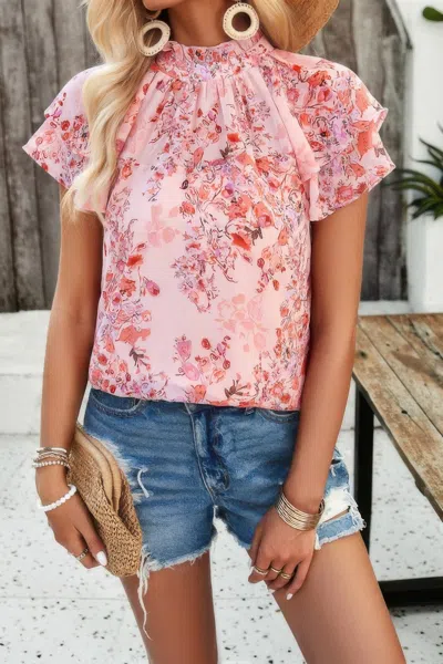 Fashnzfab Floral Printed Mock Neck Ruffle Sleeve Loose Blouse
