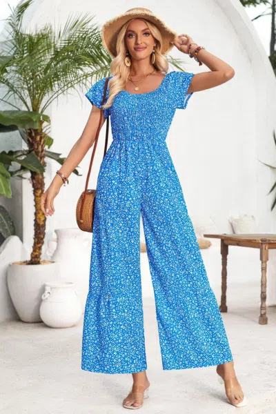 Fashnzfab Square Neck Ruched Dot Print Wide Leg Jumpsuit