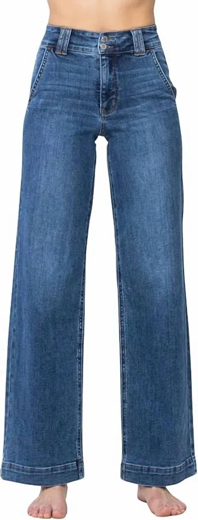 Judy Blue High Waist Double Button Wide Leg Denim Jeans In Medium Blue In Blue